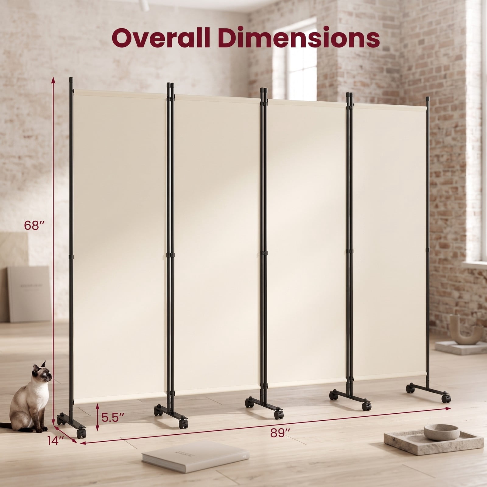 ALPULON 4-Panel Room Divider Freestanding Privacy Screen with 10 Lockable Wheels, Foldable Polyester Fabric Partition with Heavy-Duty Metal Frame for Living, Beige