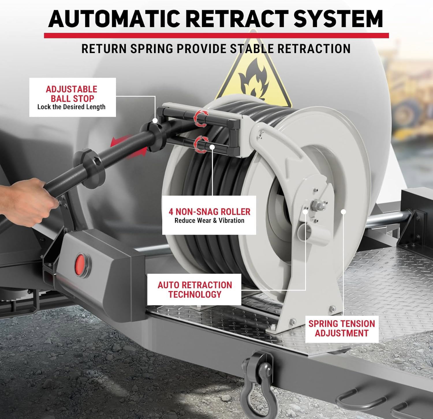 Fuel Hose Reel 1" x 33' Retractable with Fueling Nozzle Diesel Hose Reel 300 PSI Industrial Auto Swivel Heavy Duty Steel Construction for Farm Ship Vehicle Tank, Silver