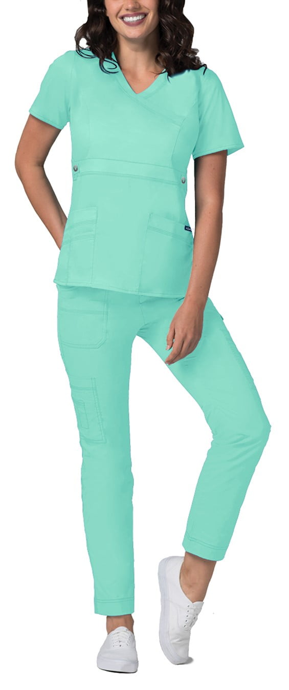 Crossover Top and Multi Pocket Pants Adar Active Classic Scrub Set for Women 