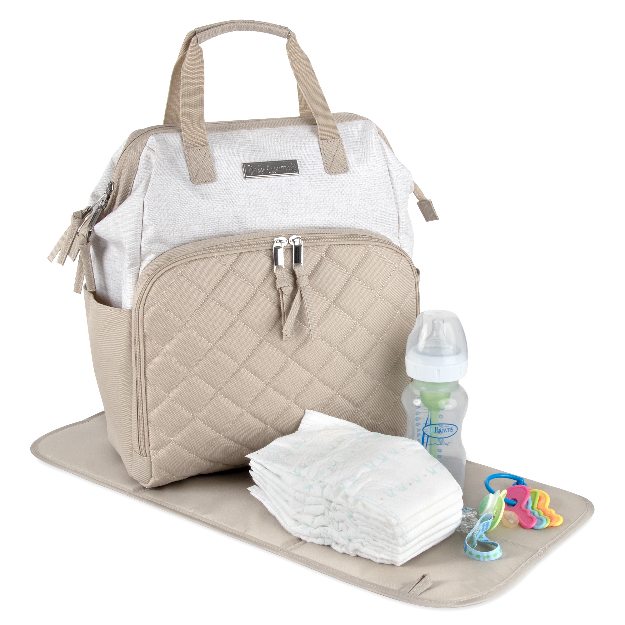 Baby Essentials Super Cooler Main Frame Dual Zipper Closure Diaper Bag Backpack Tote with Matching 6-Ply Changing Pad, Insulated Bottle Pockets and Stroller Straps in Crème and Taupe