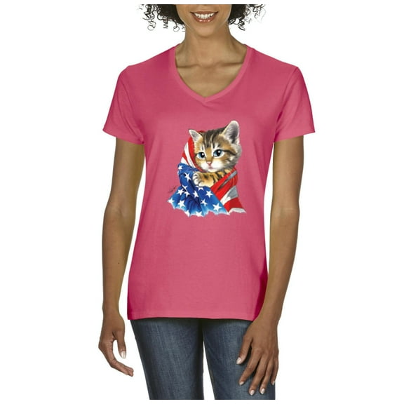 Artix - Women's T-Shirt V-Neck Short Sleeve, up to Women Size 3XL - American Flag 4th of July Kitty