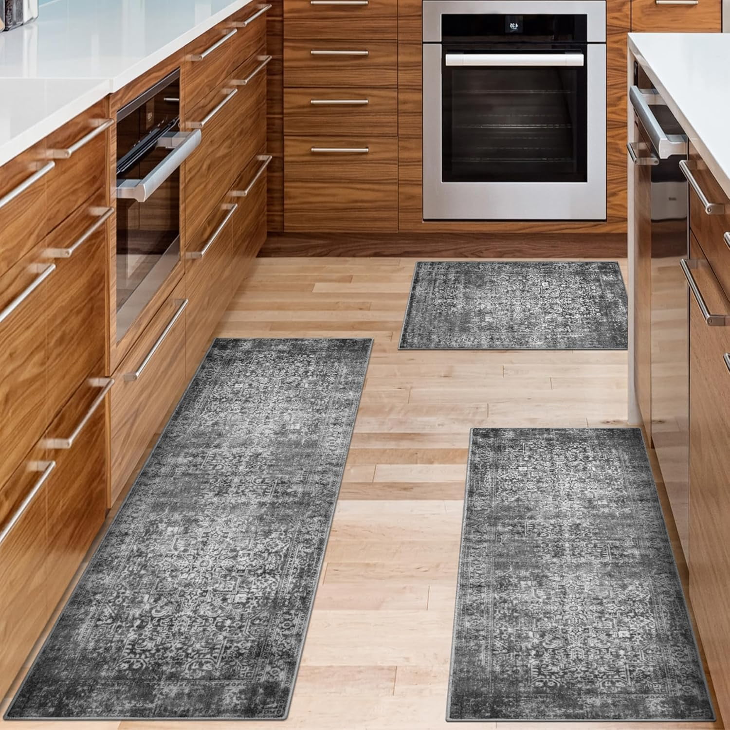 Kitchen Rugs Sets of 3 Non Slip Washable Kitchen Mats for Floor 3 Piece Set Blueish Black Kitchen Mat Set Boho Runner Carpets Absorbent for Laundry Room Hallway Sink Front Door