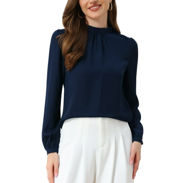 CAMISA DE CHIFFON CHIC INSPIRADA PARA MUJERES, OFICINA, CUELLO ALTO, MANGA LARGA, BLUSA XL, AZUL OSCURO