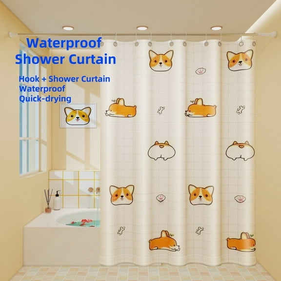 Waterproof Shower Curtain, Polyester material with 12 Hooks 72x72 inches, Corgi