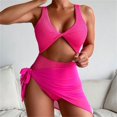 thumbnail image 4 of Gibobby Bañador de Bikini Bikini de cintura alta para mujer, traje de baño de cuello bajo de Color sólido rosa, conjunto de ropa interior deportiva de 3 (Rosa caliente,M), 4 of 5