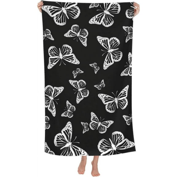 Pretty Black and White Butterflies Pattern Beach Towels Oversized Soft High Absorbent Quick Dry Bath Towels Pool Towels Travel Beach Towels for Kids Adults