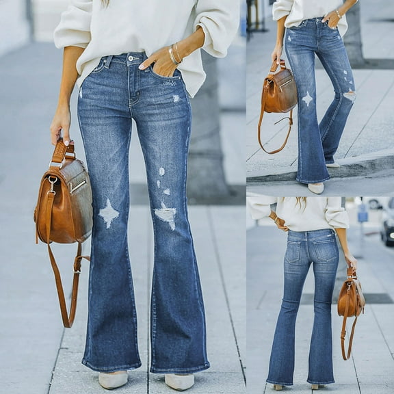 Byworldtasic Womens Jeans Jeans for Women High Waisted Stretch Distressed Raw Hem Flare Denim Pant Vintage Casual Comfy Bell Bottom with Pocket Dark Blue