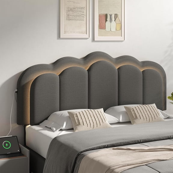 ONBRILL Upholstered Headboard Full/Queen Size with USB & Type C Port, Linen Double Wavy Headboard with RGB LED Light, Adjustable Height from 44.4" to 53.1", Attach Frame, Easy Assembly, Grey