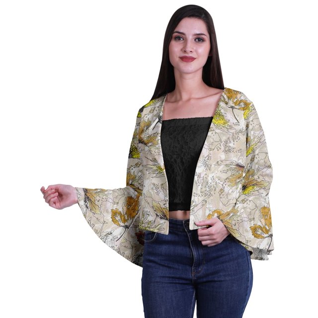 Moomaya Cardigan Court d'Été à Manches Cloche Imprimé devant Ouvert pour Femmes