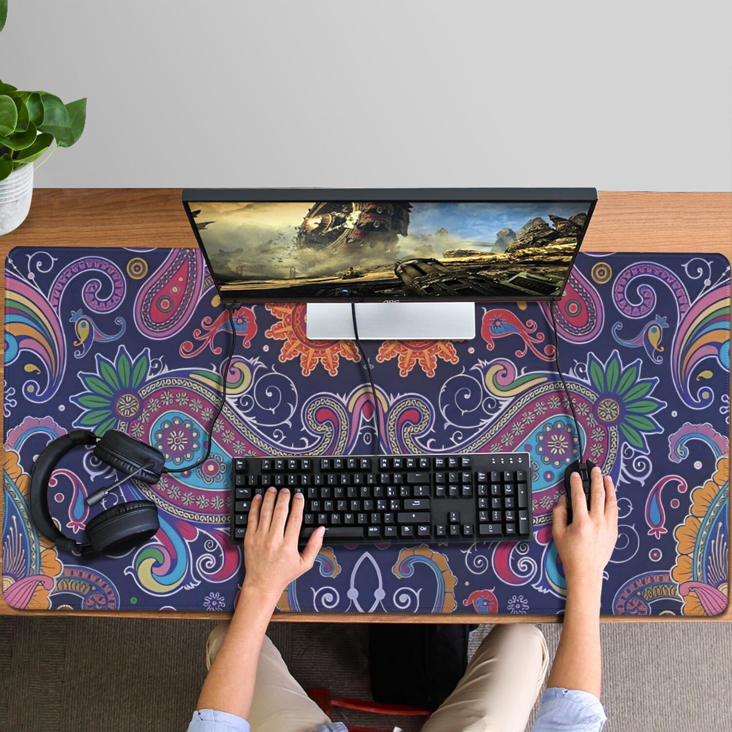 Long Mouse Pads for Desk,Multicolor Ethnic Paisley Pattern Desk Mats on Top Of Desks, Desk Mouse Pad Extra Large with 3mm Non-Slip Base and Stitched Edge for Gaming,Office,Work,Home 47.3"x23.6"