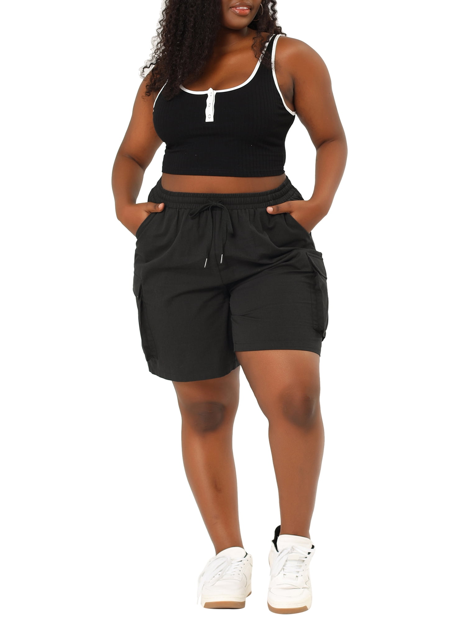 FAB CURVES Women's Plus Drawstring Elastic Waist Cargo Shorts