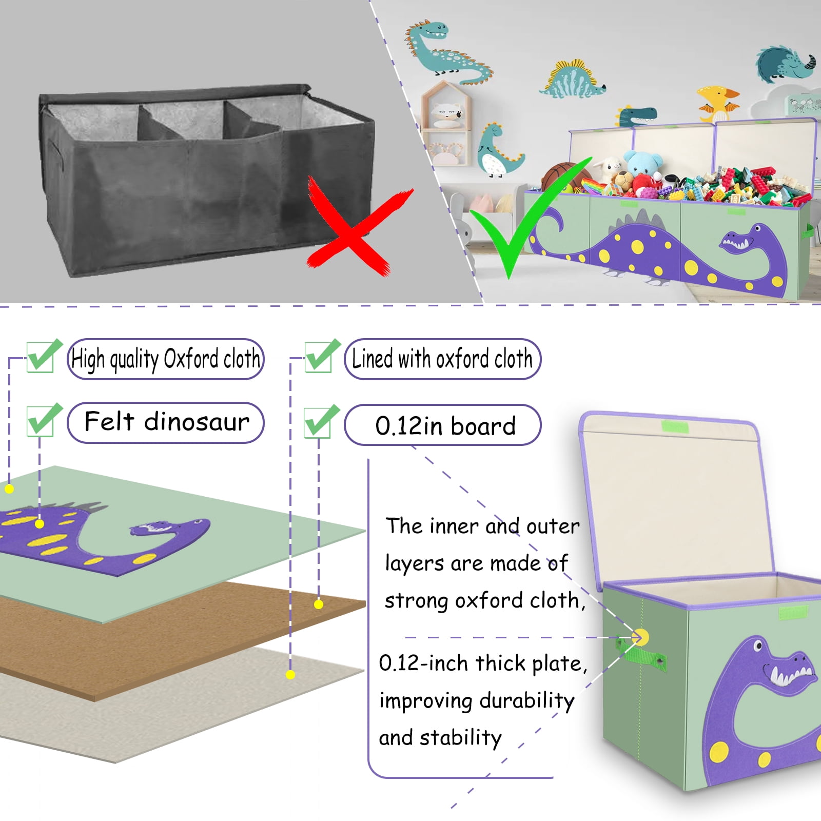 ASKETAM Kids Dinosaur Toy Box - Large Storage Bin for Boys & Girls, Cute Organizer (Purple Dinosaur)