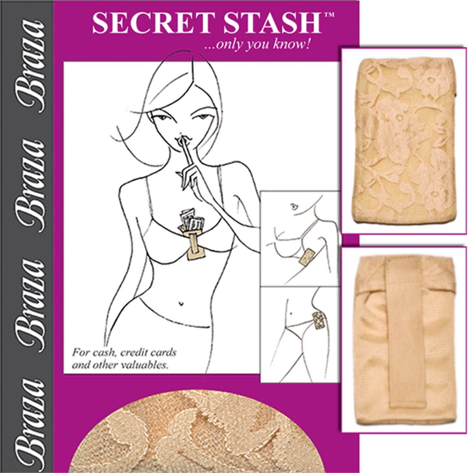 Braza Secret Stash Nylon Lace Bra Travel Pocket Pouch - Beige - 2 Pack - Wa...