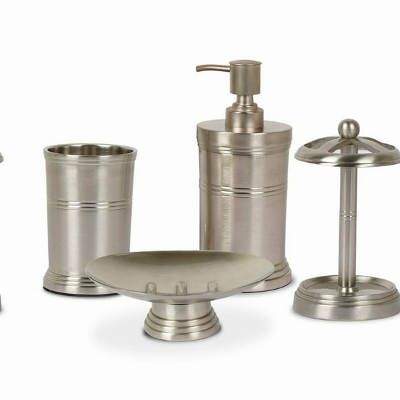 Ensemble de Salle de Bain en Étain Brossé à Double Crête - Porte-Savon, Distributeur de Lotion, Gobelet, Porte-Brosse à Dents