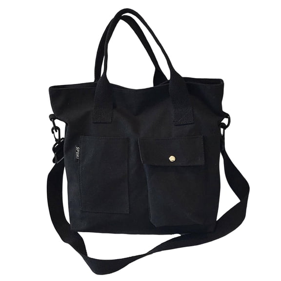 Wxqbjtam Canvas Tote Bag Snap Fastener Closure Handbag for Office Leisure School Black
