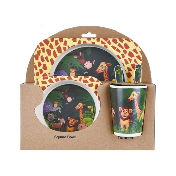 Juego de vajilla para niños 5 uds., Cuenco de dibujos animados de fibra de bambú para bebés, juego de vajilla para animales, taza para niños pequeños, cuchara, tenedor kenally JJ15200-08