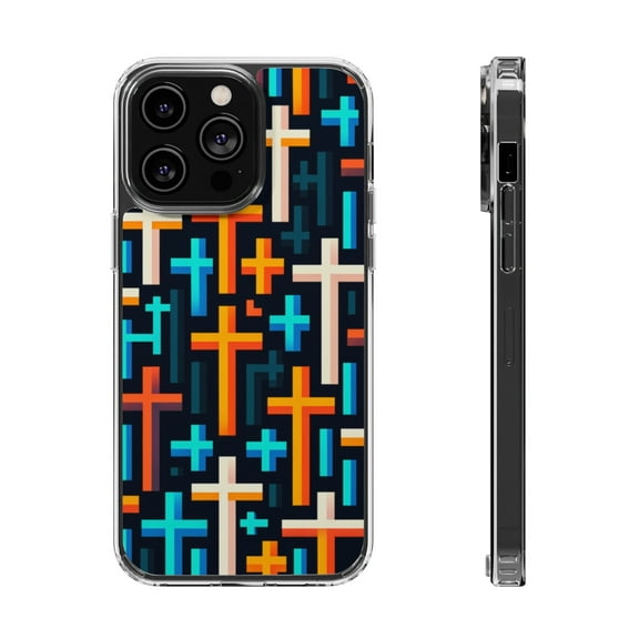 DistinctInk Hybrid (Acrylic / TPU) Clear Slim Fit Case for Apple iPhone 15 Pro (6.1" Screen) - "Vibrant Minimalistic Christian Crosses Pattern"