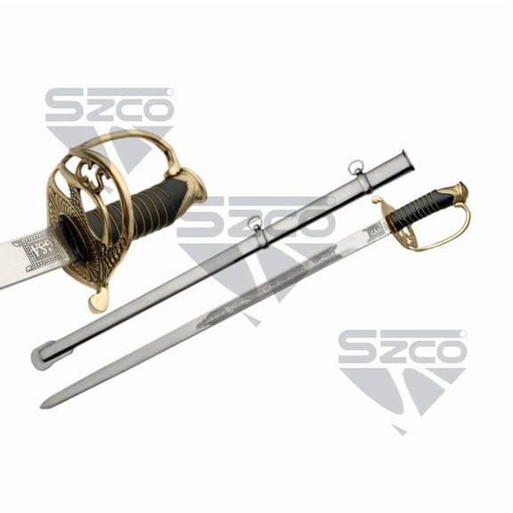SZCO Heritage 37-Inch Officer Sword Etched Stainless Steel Ceremonial Blade Black Gold-Wire Wrapped Handle with Brass Guard and Metal Scabbard