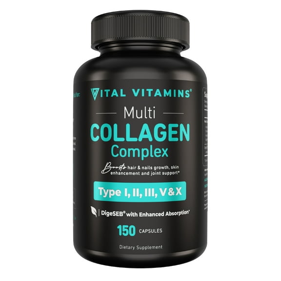 Vital Vitamins Multi Collagen Complex Capsules - Type I, II, III, V, X - Hair, Skin, Nails - 150 Ct