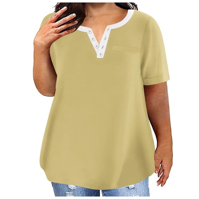 Yuyuzo Plus Size Tops for Women Notch V Neck Solid Color T Shirts Short Sleeve Basic Tees with Pocket