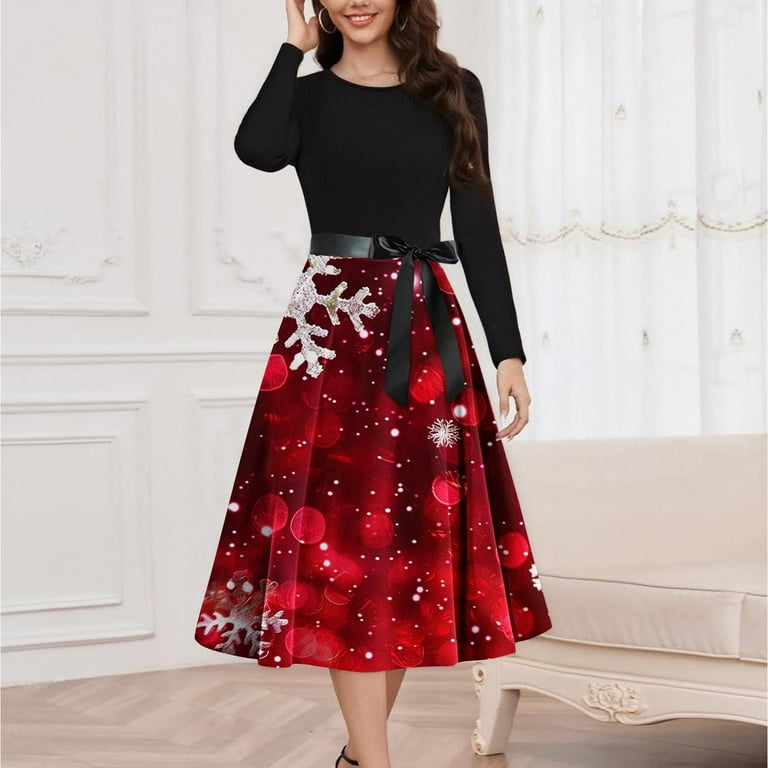 white christmas dresses Brown Embellished Long Sleeve Velvet Trim A-Line Midi Dress main image 0