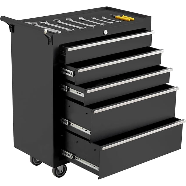 26-In 5-Drawer Rolling Tool Cabinet with Lock and Drawer Liners Mobile Toolbox for Garage Workshop Repair Shop Black