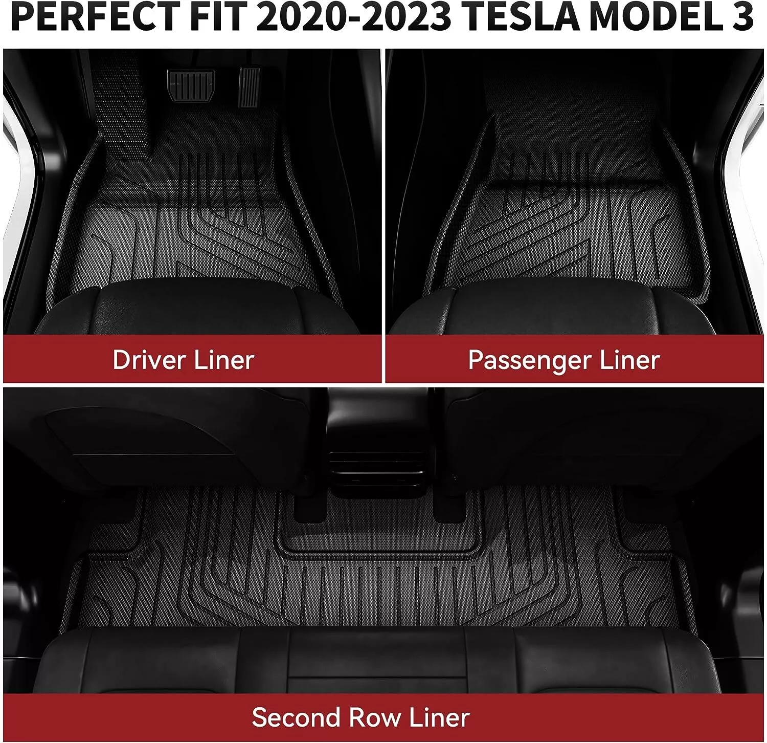RVNI Floor Mats compatible with 2020 2021 2022 2023 Tesla Model 3 Anti-Slip Front + Rear + Cargo Liner