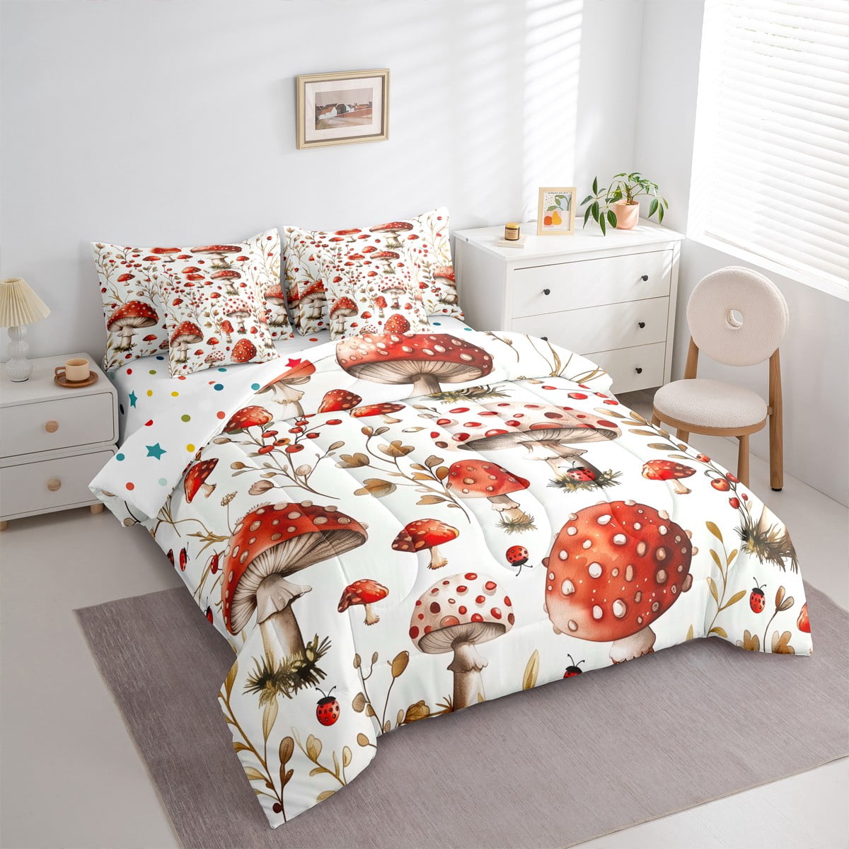 jejeloiu Red Mushroom House Bedding Comforter Set 7pcs,Rustic Farmhouse Cabin Queen Bedding Sets,Spring Garden Queen Sheet Sets,Microfiber Bedroom Decor Reversible