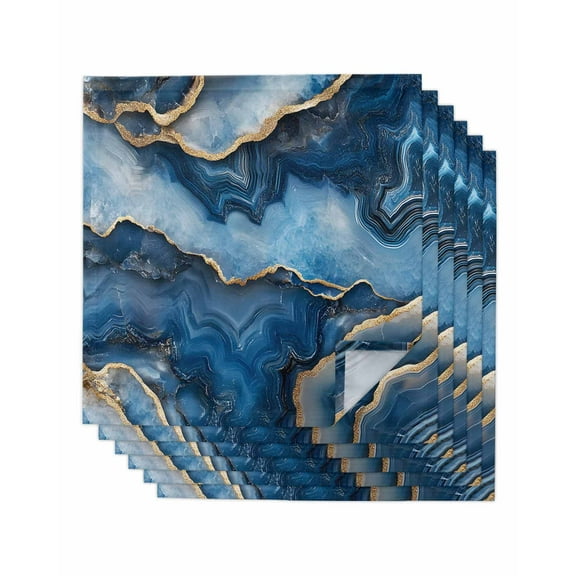 nqOlkjepod Blue Marble Cloth Napkins Set of 6 Reusable Dinner Napkins, Contemporary Abstract Golden Foil Texture Cocktail Napkin Washable Table Napkins for Wedding/Holiday Party/Baby Shower 20"x20"