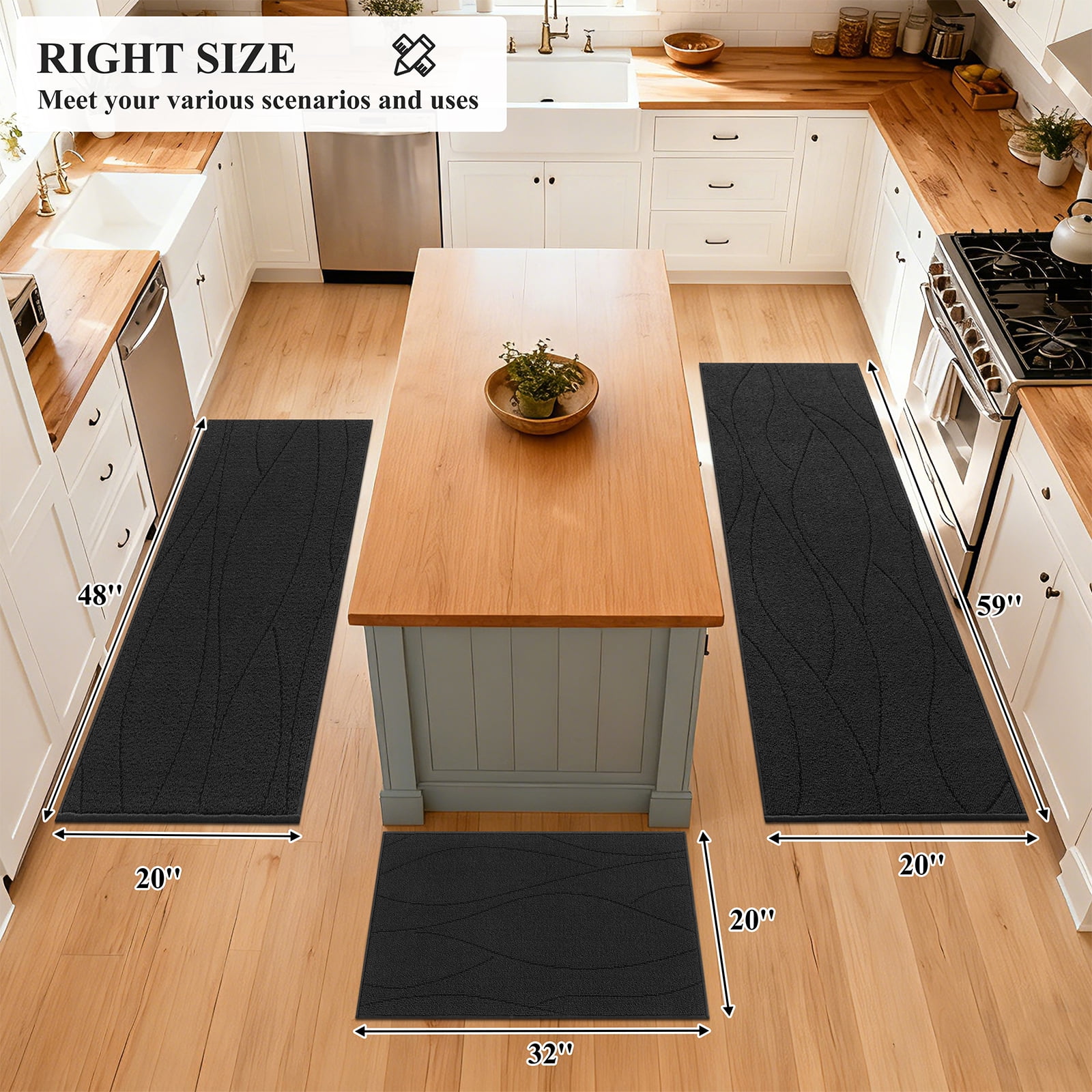 MeyJey Geometric Lines Kitchen Rugs Sets of 3, Non Slip Washable Kitchen Mats for Floor, Black