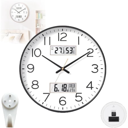 Hybrid Analog-Digital Wall Clock for Business, 12 Silent Sweep Quartz with LCD Calendar & Indoor Thermometer, Silver Rim Office Decor