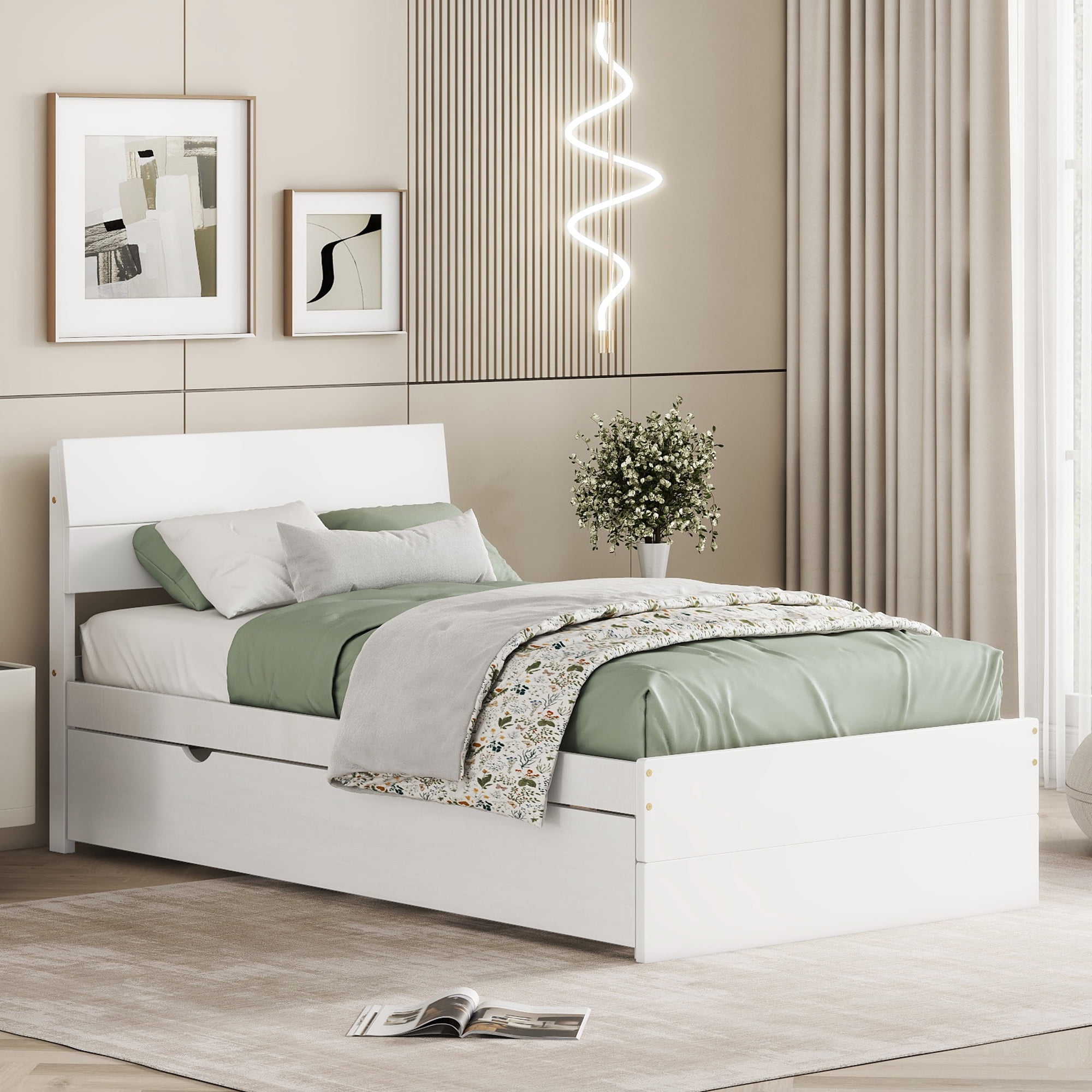 Miniyam Twin Size Platform Bed Frame with Trundle for Kids and Teens, Space-Saving, White