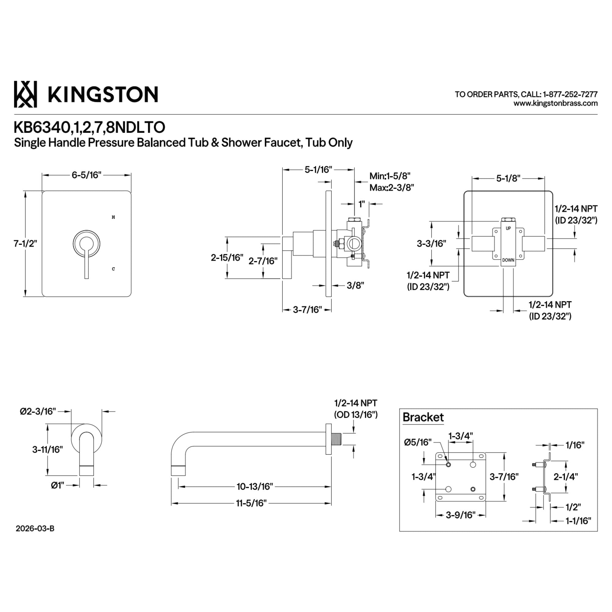 Kingston Brass KB6342NDLTO Nuvofusion Single-Handle Pressure Balanced Tub Faucet in Polished Brass