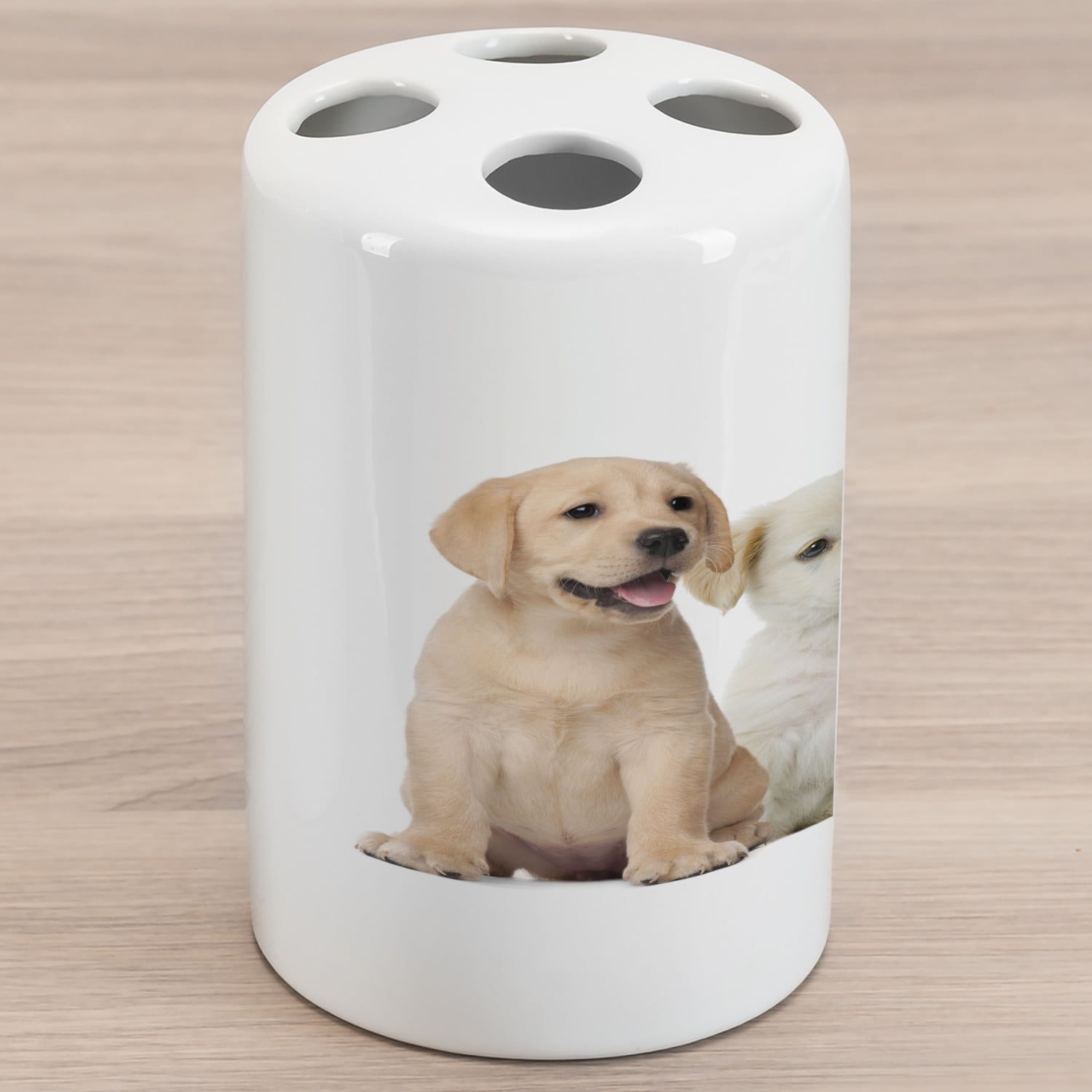 Lab Ceramic Toothbrush Holder, Photo of Different Color Labrador Puppy