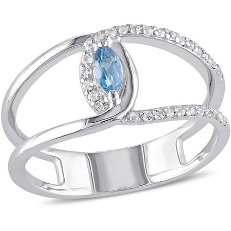 Tangelo 1/2 Carat T.G.W. London Blue Topaz and White Topaz Sterling Silver Two-Row Cross-Over Ring