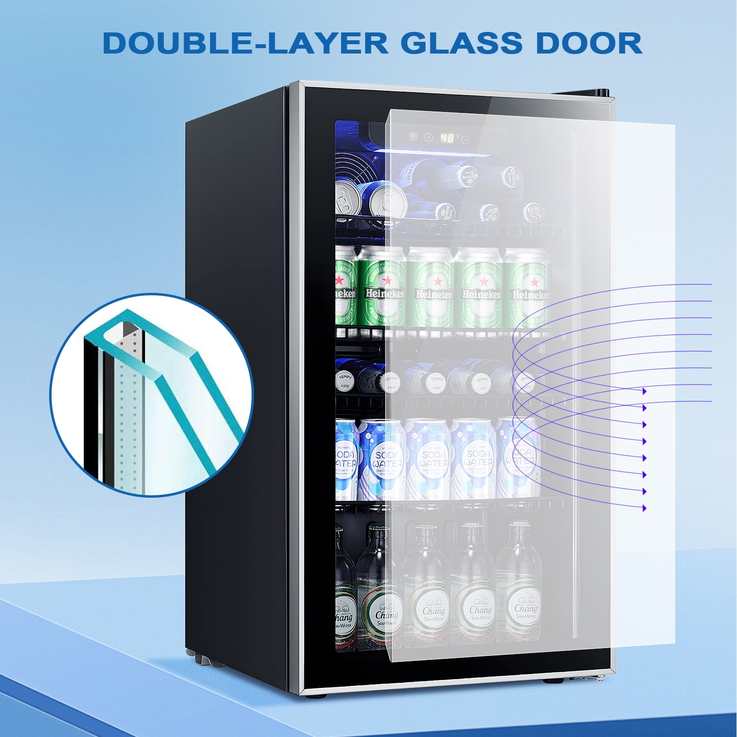 FREE VILLAGE Beverage Refrigerator Cooler, 100 Can Mini Fridge Glass Door for Soda Beer or Wine Small Drink Dispenser Adjustable Clear Front for Home, Office or Bar, 3.2 cu.ft
