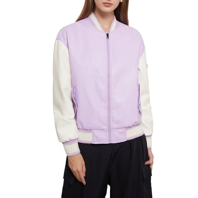 xiaxaixu Women Baseball Jacket, Long Sleeve Baseball Collar Zipper Closure Patchwork Varsity Jacket Fall Clothes with Pockets