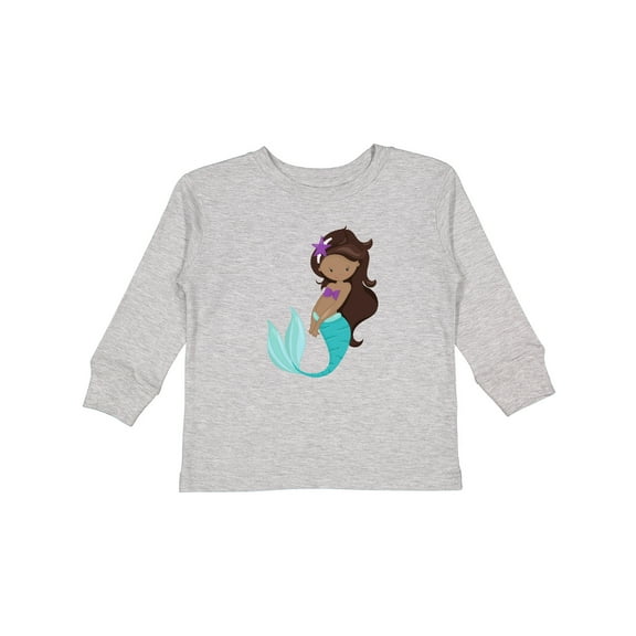 Inktastic African American Mermaid, Brown Hair, Starfish Girls Long Sleeve Toddler T-Shirt
