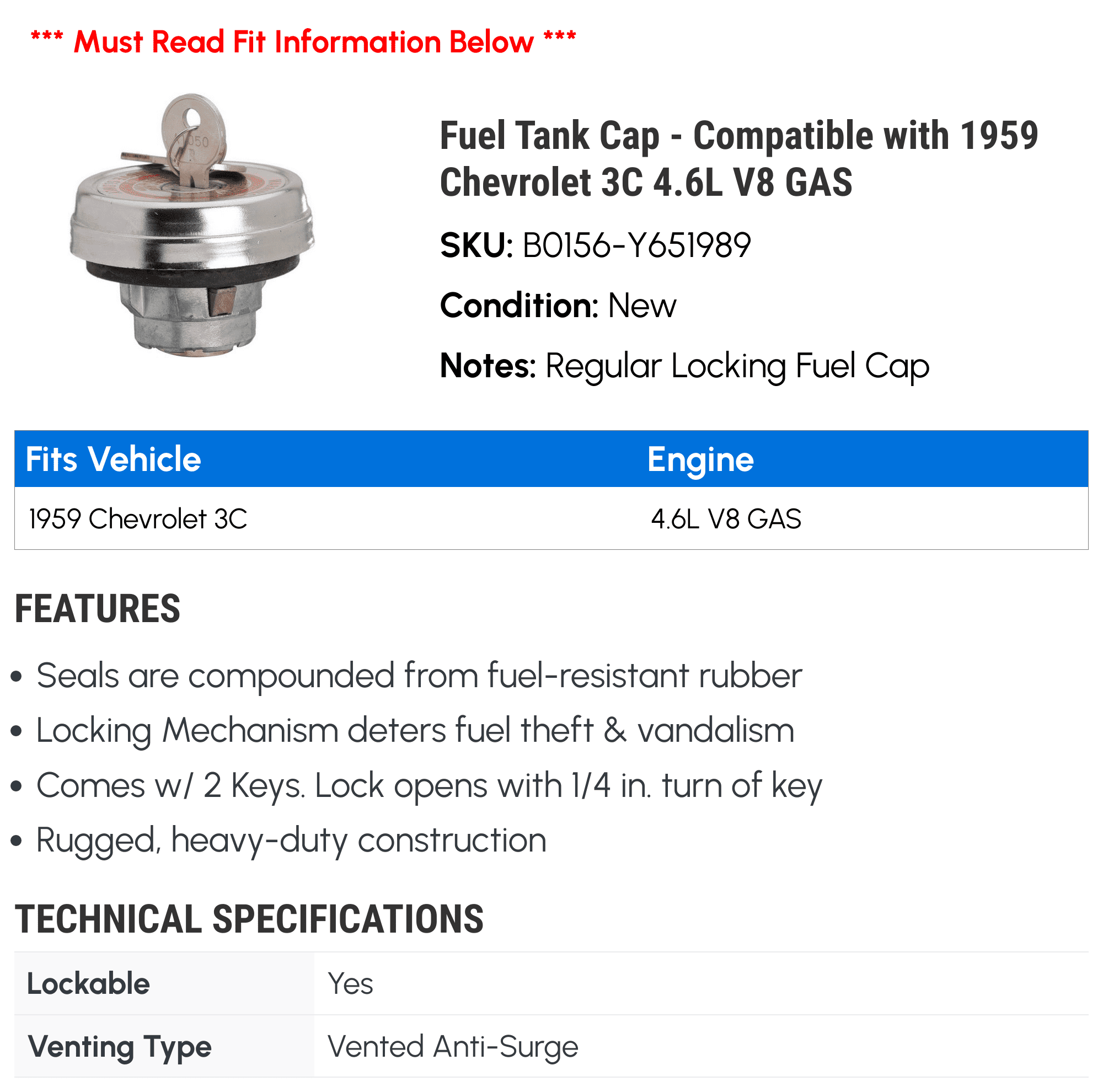Fuel Tank Cap - Compatible with 1959 Chevy 3C 4.6L V8 GAS