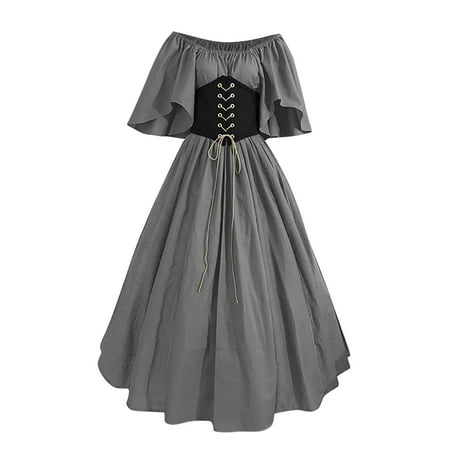 

Viikei Sunmmer Dresses for Women 2023 Women s Round Neck Dress Flare Sleeve Off Shoulder Medieval Vintage Dresses with Corset Patchwork Ball Gown