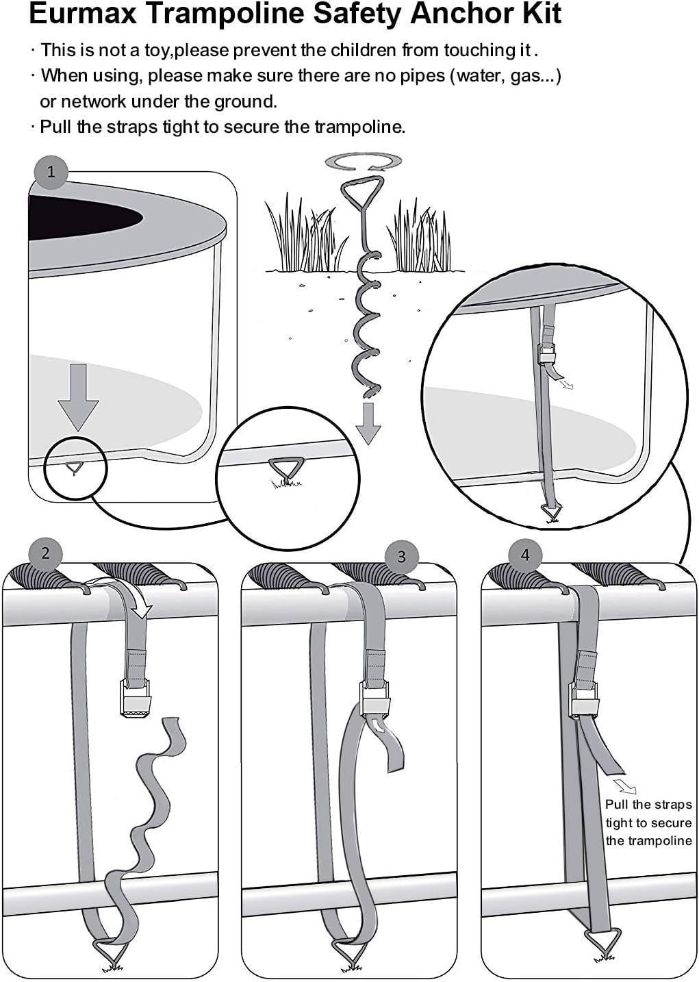 Meilimei 4-Pack Corkscrew Shape Steel Trampoline Stakes Anchors, Heavy-Duty Spiral Ground Anchors Kit with Straps, Black Galvanized Windproof Stabilizers for Trampoline, Outdoor Tent, Canopy Security
