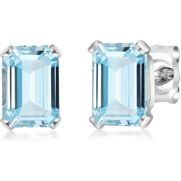 Gems Jewels 2.20 Ct Emerald Cut Aquamarine Push Back Women's Stud Earring 14K White Gold Plated For Women's 925 Sterling Silver