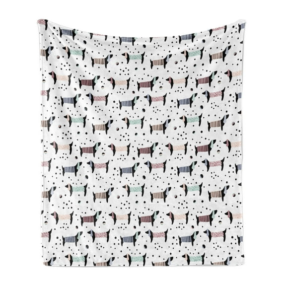 Dog Lover Soft Flannel Fleece Throw Blanket, Abstract Hand Drawn Dachshund Puppy Silhouettes with Playthings Dotted Design, Cozy Plush for Indoor and Outdoor Use, 50" x 70", Multicolor, by Ambesonne