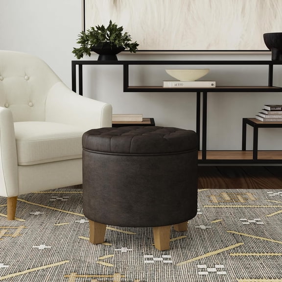 Upholstered Round Faux Leather Tufted Ottoman with Storage for Living Room Bedroom Decorative Home Furniture Black