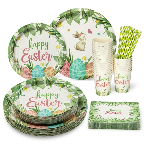 Fashionwu 140Pcs Easter Party Supplies Set, Service for 25 Dinnerware Set Includes Plates, Cups, Napkins, Straws for Happy Easter Spring Children Party