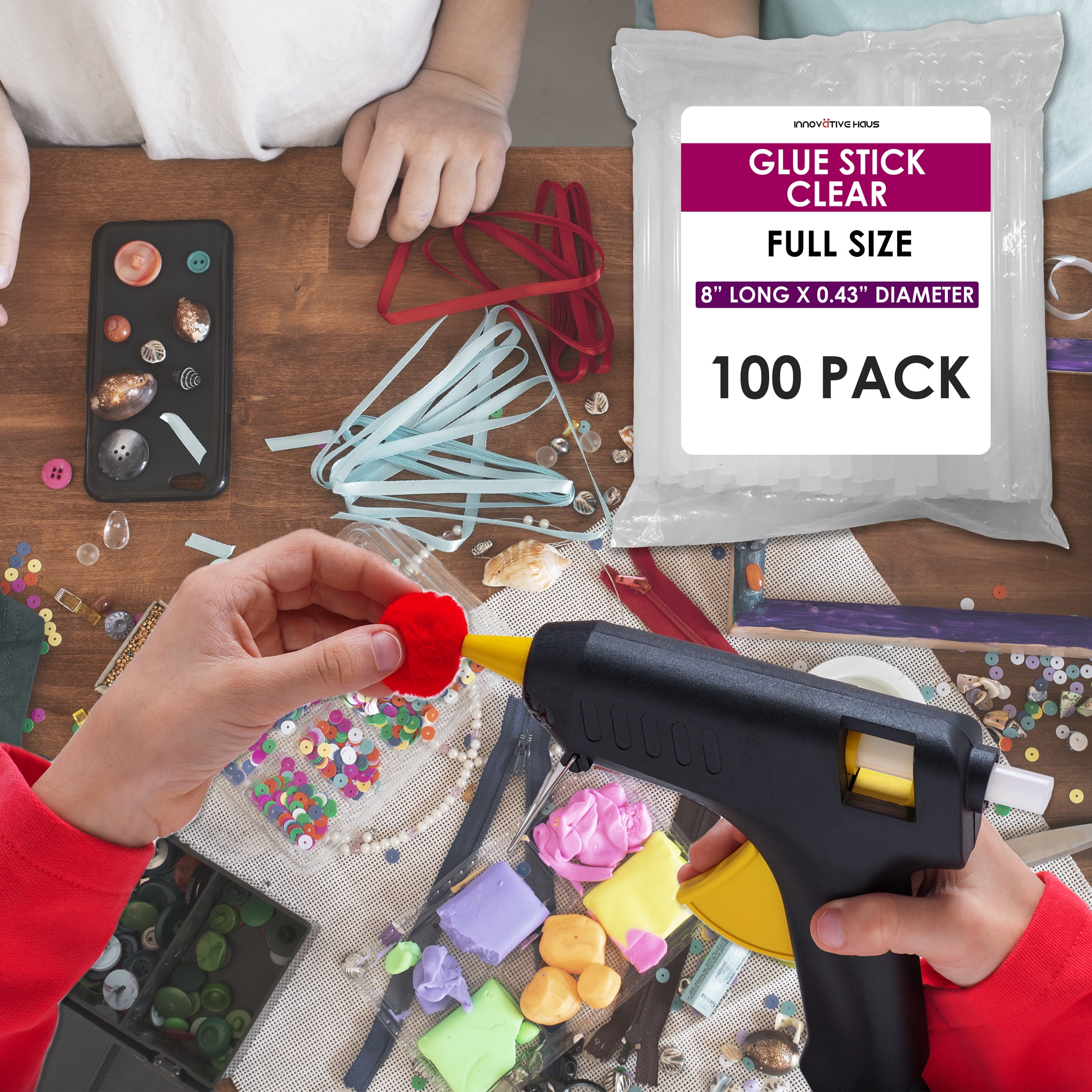 Innovative Haus Full Size Hot Glue Sticks Bulk - Fits Full Size Glue Guns, 8" x 0.43" - Hot Glue Sticks Large. Craft, Bond, Create on Wood, Metal, Glass & More - Clear Large Glue Stick- 100 Pack