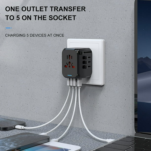 Adaptador de viaje, adaptador de enchufe universal con tipo C + 3 puertos USB y enchufe de CA, enchufe adaptador Francia a EE. UU. Reino Unido Alemania Tailandia Italia Australia China Japón