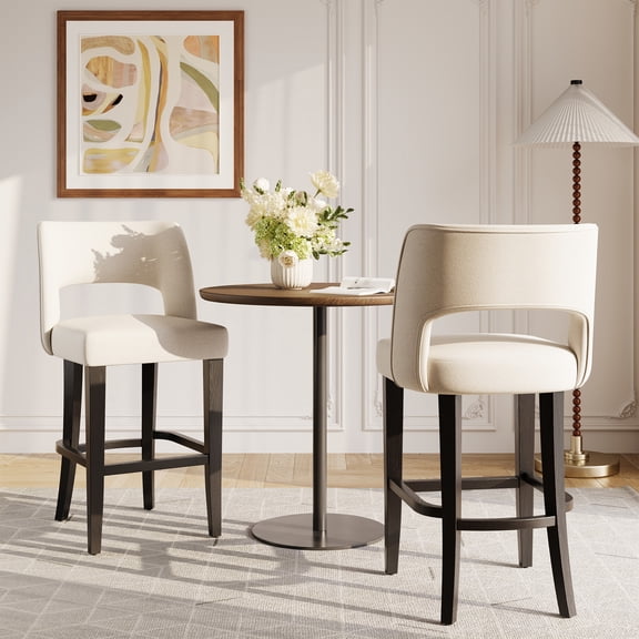 Set of 2 26 Inch Upholstered Bar Stools with Wood Legs, Modern Ergonomic Counter Height Stools with Backrest for Kitchen Island, Dining Room and Bar, Beige and Black