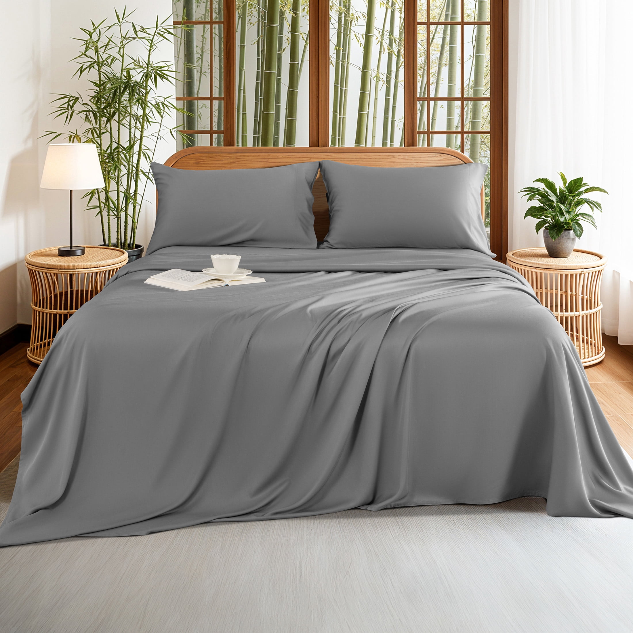 Sonoro Kate 100% Organic Luxurious Bamboo Sheets, Queen Sheet Set 4-Piece with 16" Deep Pocket, Silky Smooth Luxury Bed Sheets, Gray