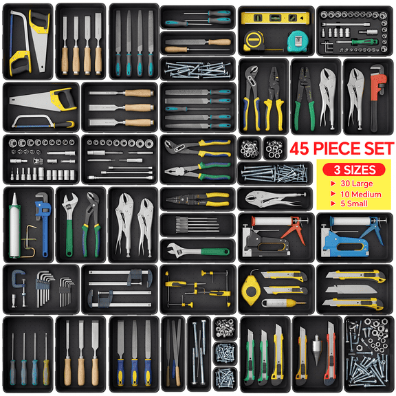 HAIDAIYA 45 Pack - 3 Sizes, Tool Box Drawer Organizer Tray Divider Set Plastic - Store items neatly and tidily (Black)
